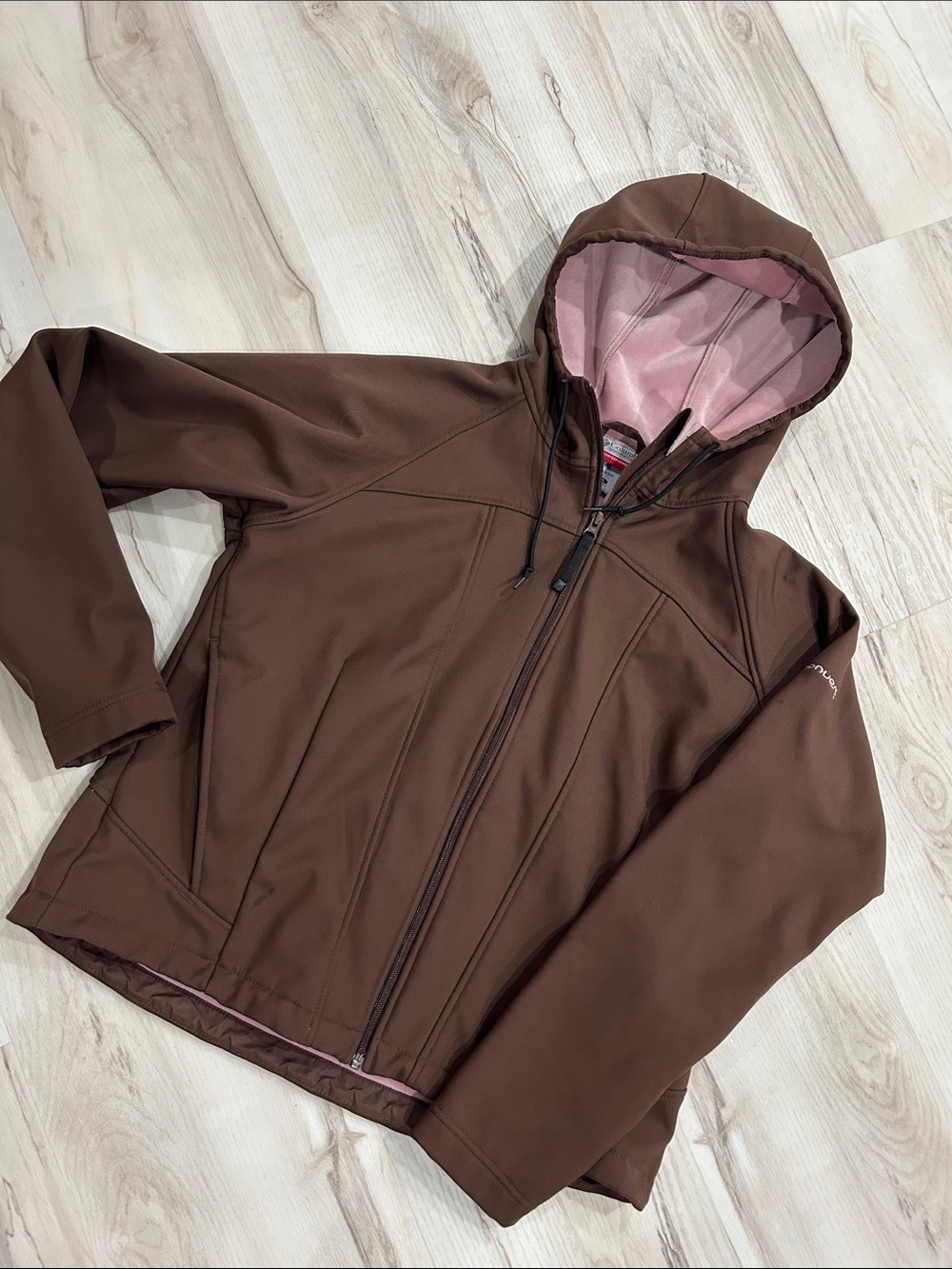 Columbia Brown Hooded Softshell Jacket with Pink Lining